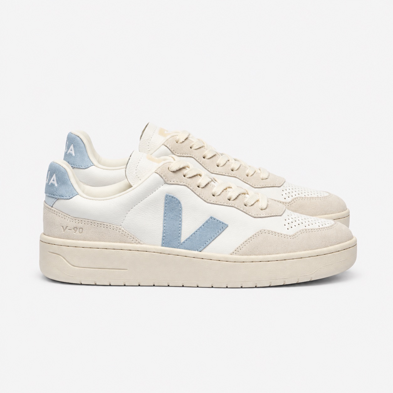 Veja V-90 Leather — Blanco / azul acero
