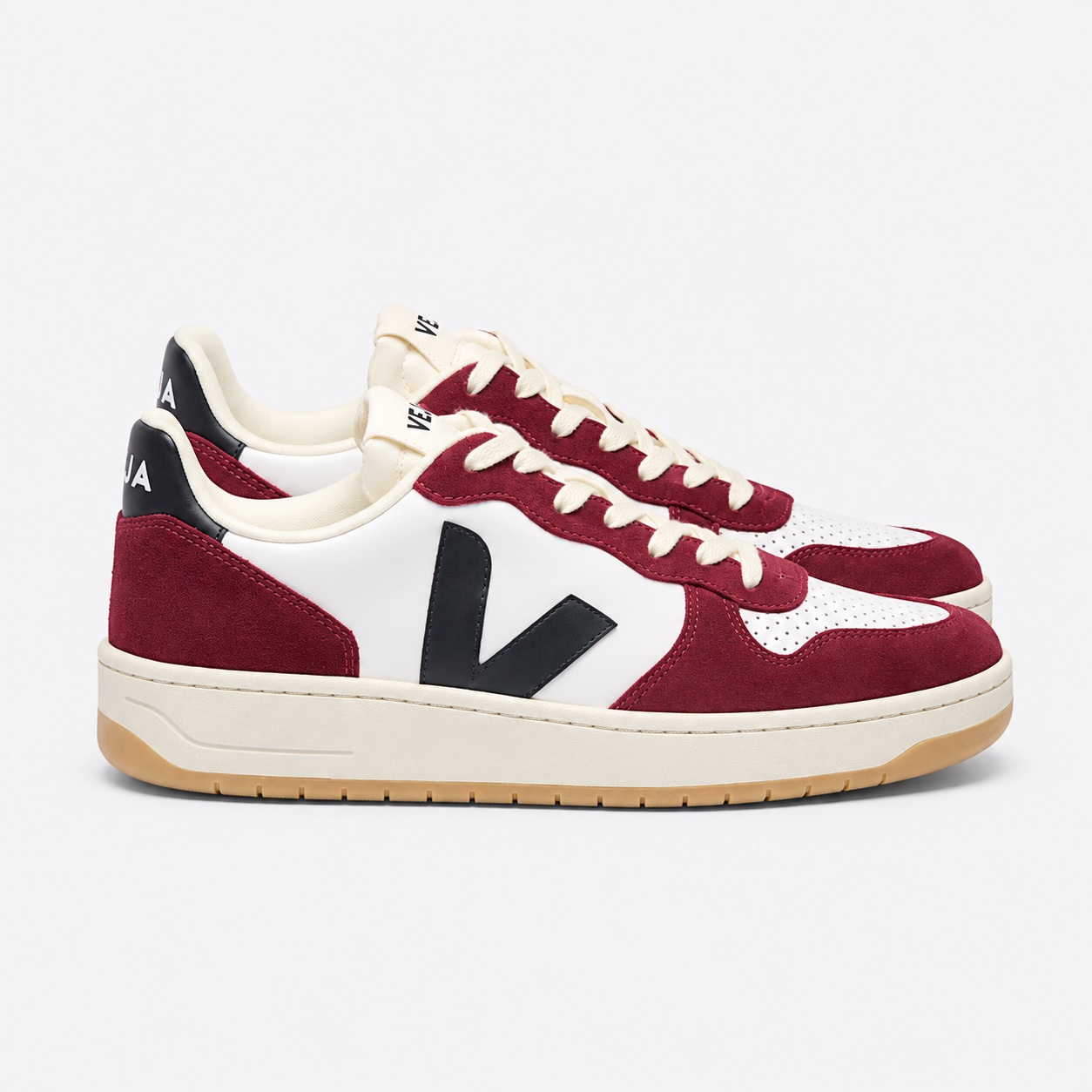 Veja V-10 Leather — Blanco / negro / amaranto